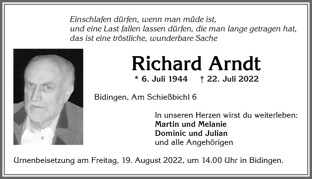  Traueranzeige für Richard Arndt vom 06.08.2022 aus Allgäuer Zeitung, Marktoberdorf