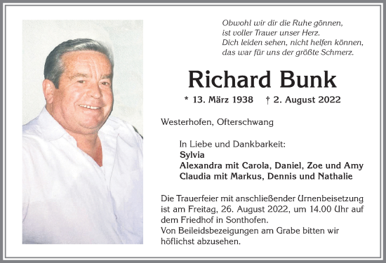 Traueranzeige von Richard Bunk von Allgäuer Anzeigeblatt