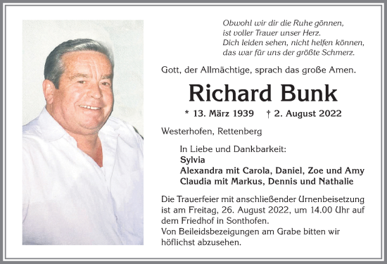 Traueranzeige von Richard Bunk von Allgäuer Anzeigeblatt