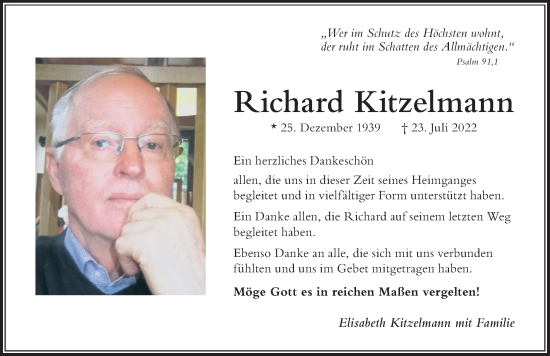 Traueranzeige von Richard Kitzelmann von Der Westallgäuer