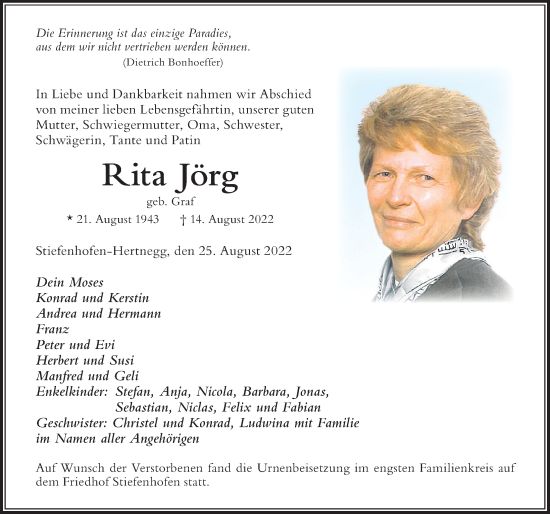 Traueranzeige von Rita Jörg von Der Westallgäuer