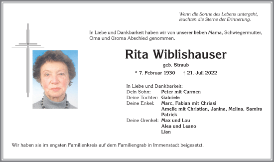 Traueranzeige von Rita Wiblishauser von Allgäuer Anzeigeblatt