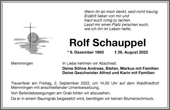 Traueranzeige von Rolf Schauppel von Memminger Zeitung