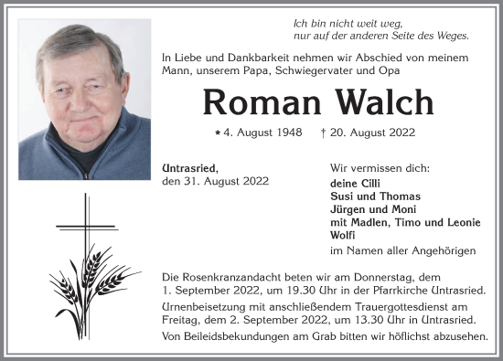Traueranzeige von Roman Walch von Allgäuer Zeitung, Marktoberdorf