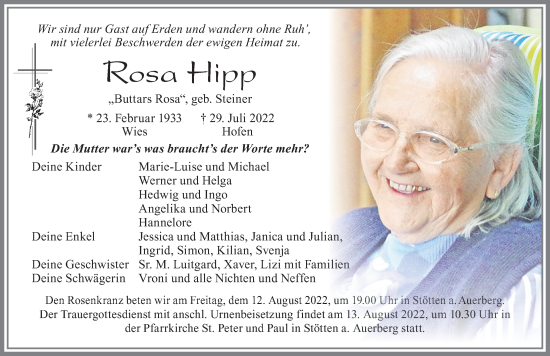 Traueranzeige von Rosa Hipp von Allgäuer Zeitung, Marktoberdorf