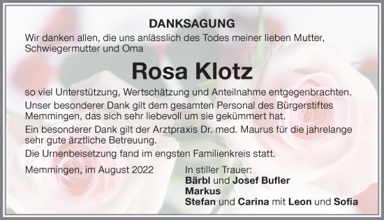 Traueranzeige von Rosa Klotz von Memminger Zeitung