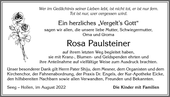 Traueranzeige von Rosa Paulsteiner von Allgäuer Zeitung, Füssen