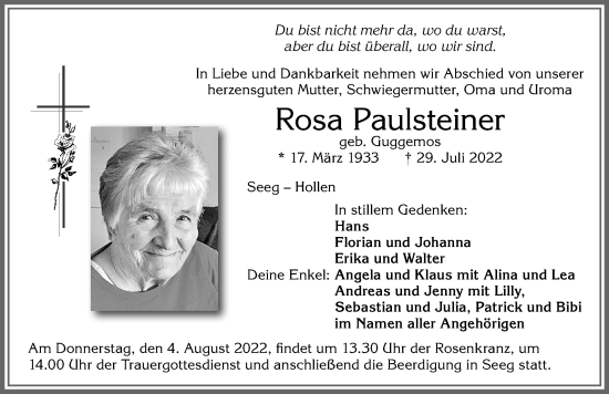 Traueranzeige von Rosa Paulsteiner von Allgäuer Zeitung, Füssen