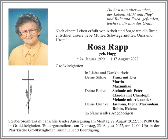 Traueranzeige von Rosa Rapp von Allgäuer Zeitung, Kaufbeuren/Buchloe
