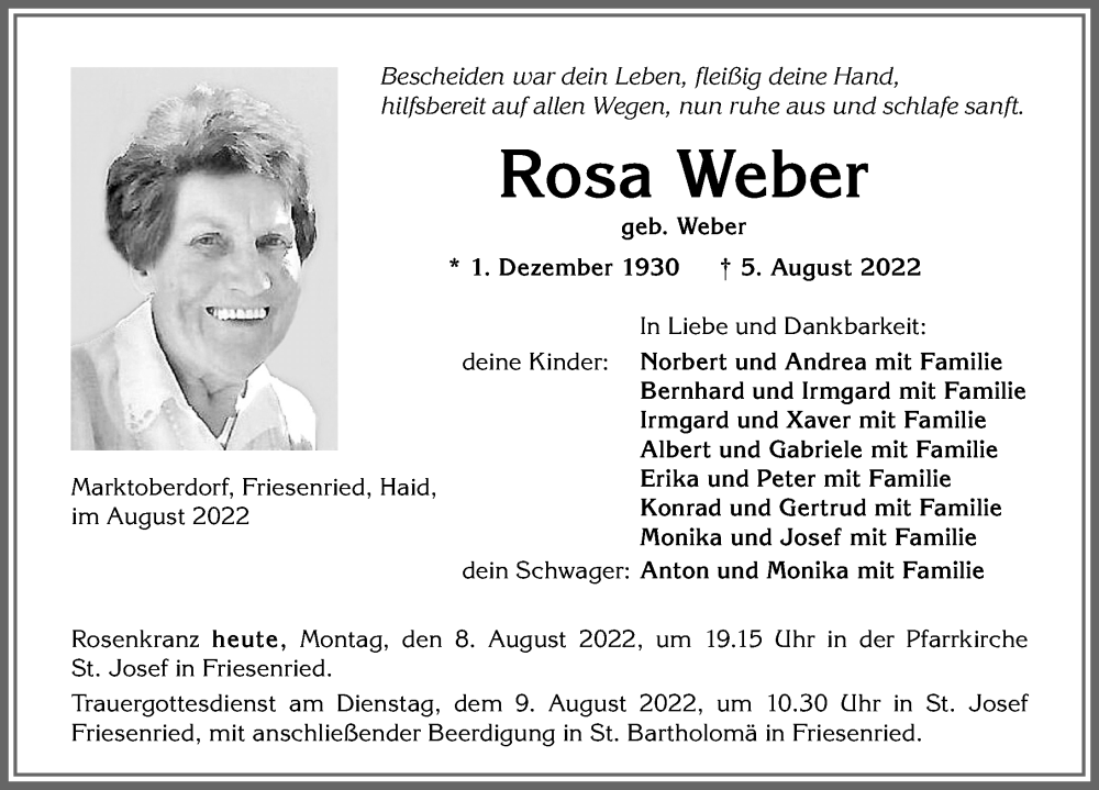  Traueranzeige für Rosa Weber vom 08.08.2022 aus Allgäuer Zeitung, Marktoberdorf