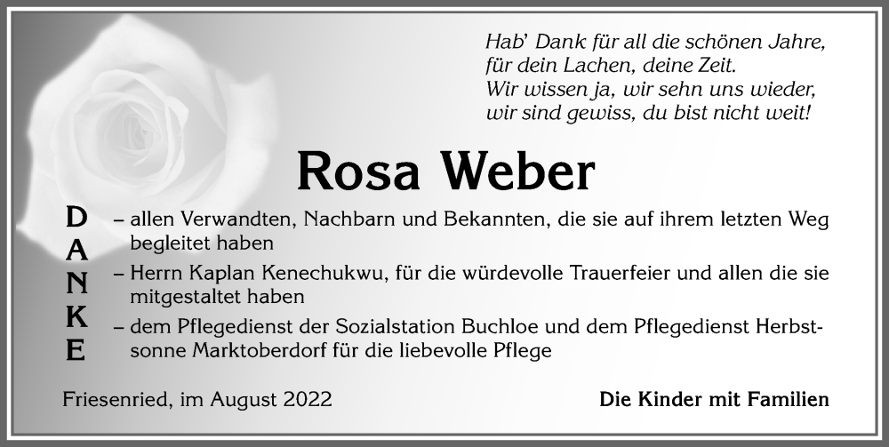  Traueranzeige für Rosa Weber vom 27.08.2022 aus Allgäuer Zeitung, Marktoberdorf