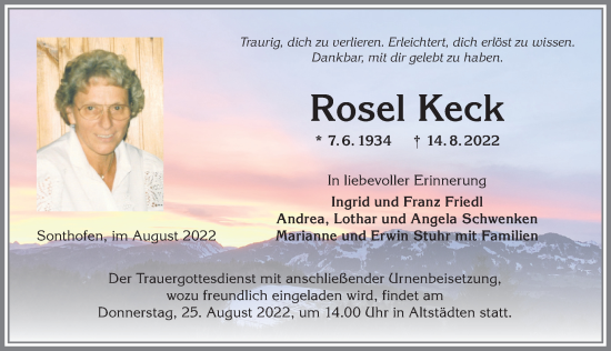 Traueranzeige von Rosel Keck von Allgäuer Anzeigeblatt