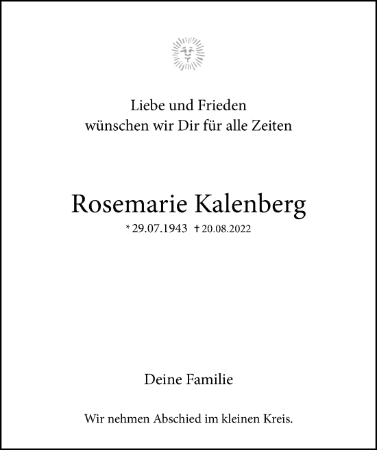 Traueranzeige von Rosemarie Kalenberg von Der Westallgäuer
