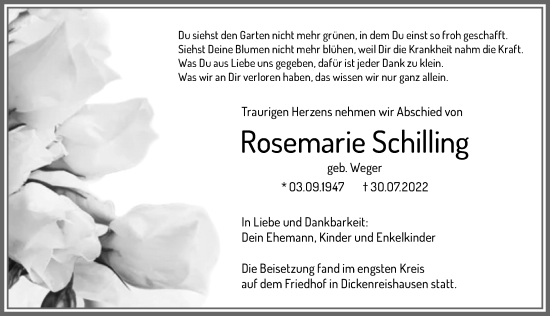 Traueranzeige von Rosemarie Schilling von Memminger Zeitung