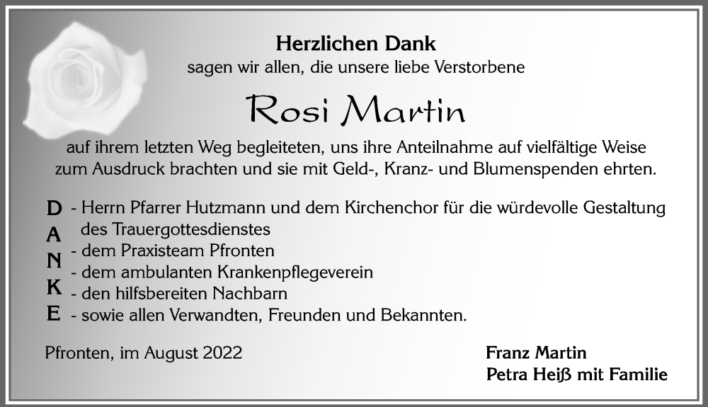  Traueranzeige für Rosi Martin vom 22.08.2022 aus Allgäuer Zeitung, Füssen