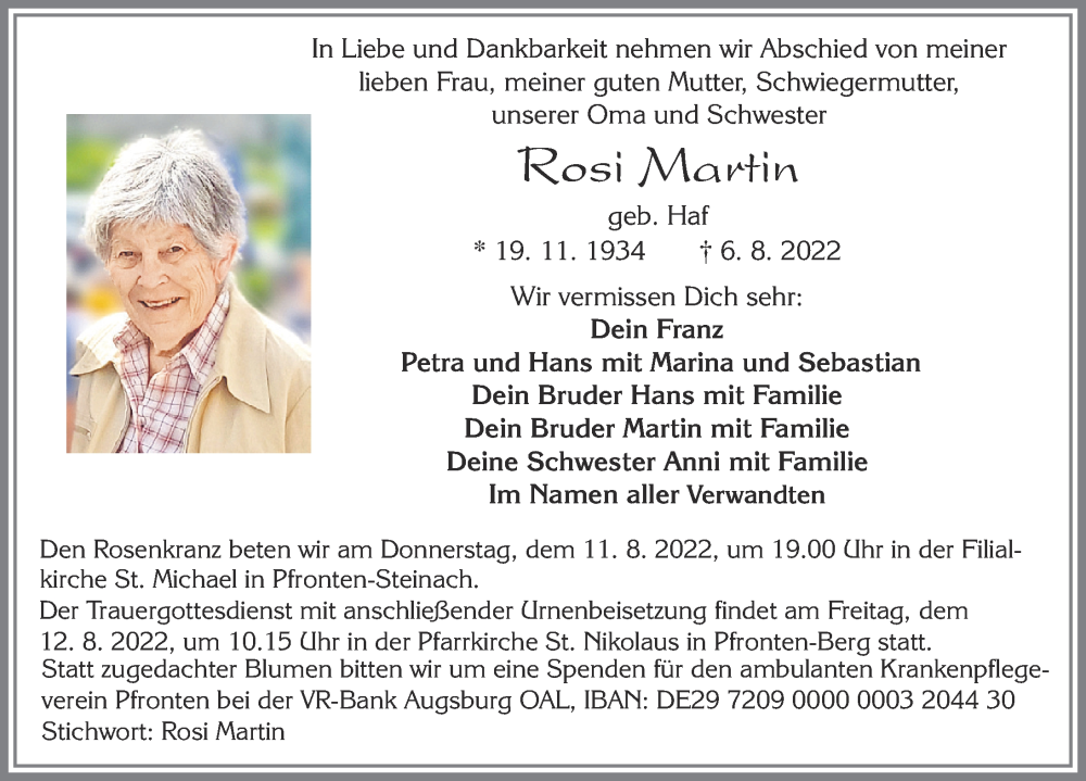  Traueranzeige für Rosi Martin vom 09.08.2022 aus Allgäuer Zeitung, Füssen