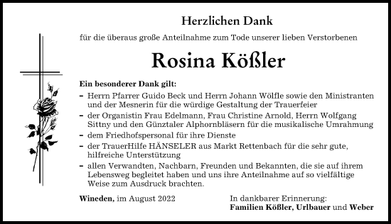 Traueranzeige von Rosina Kößler von Memminger Zeitung