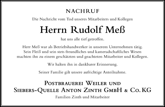 Traueranzeige von Rudolf Meß von Der Westallgäuer