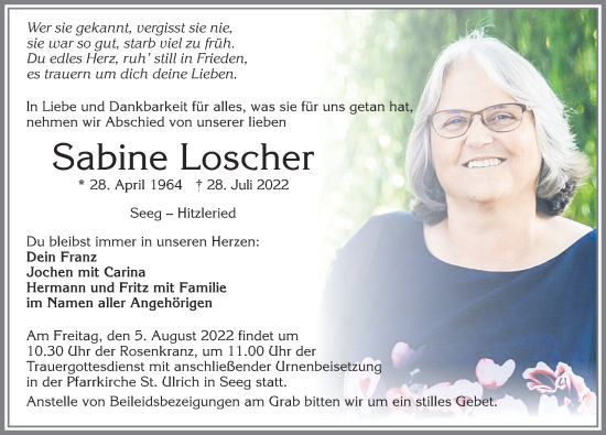 Traueranzeige von Sabine Loscher von Allgäuer Zeitung, Füssen