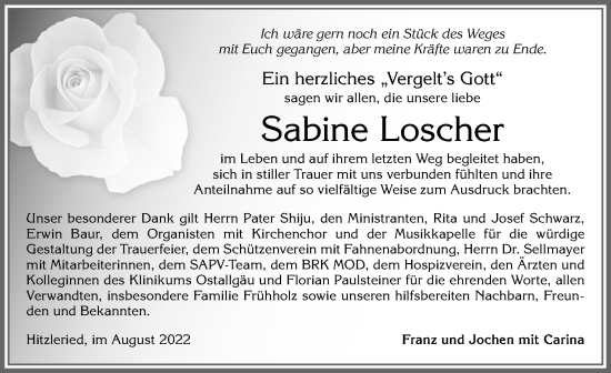 Traueranzeige von Sabine Loscher von Allgäuer Zeitung, Füssen