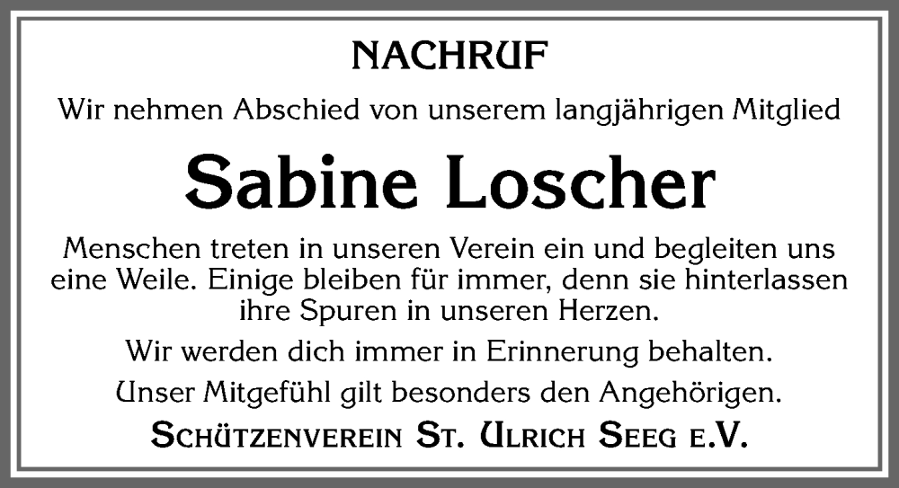 Traueranzeige für Sabine Loscher vom 05.08.2022 aus Allgäuer Zeitung, Füssen