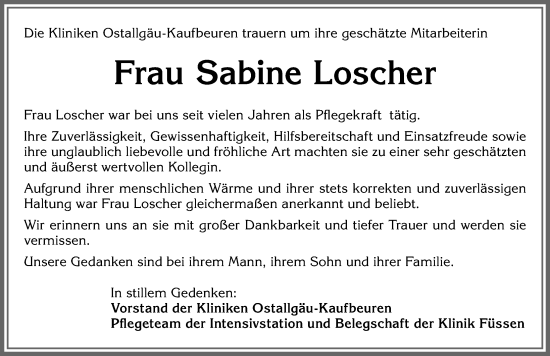 Traueranzeige von Sabine Loscher von Allgäuer Zeitung, Füssen