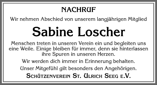 Traueranzeige von Sabine Loscher von Allgäuer Zeitung, Füssen