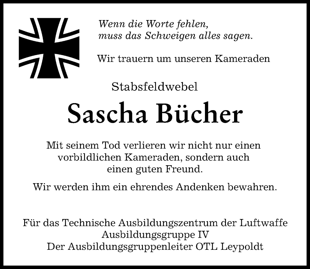  Traueranzeige für Sascha Bücher vom 06.08.2022 aus Allgäuer Zeitung, Kaufbeuren/Buchloe