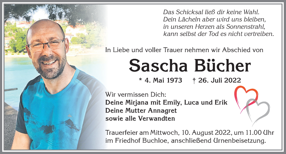  Traueranzeige für Sascha Bücher vom 06.08.2022 aus Allgäuer Zeitung, Kaufbeuren/Buchloe