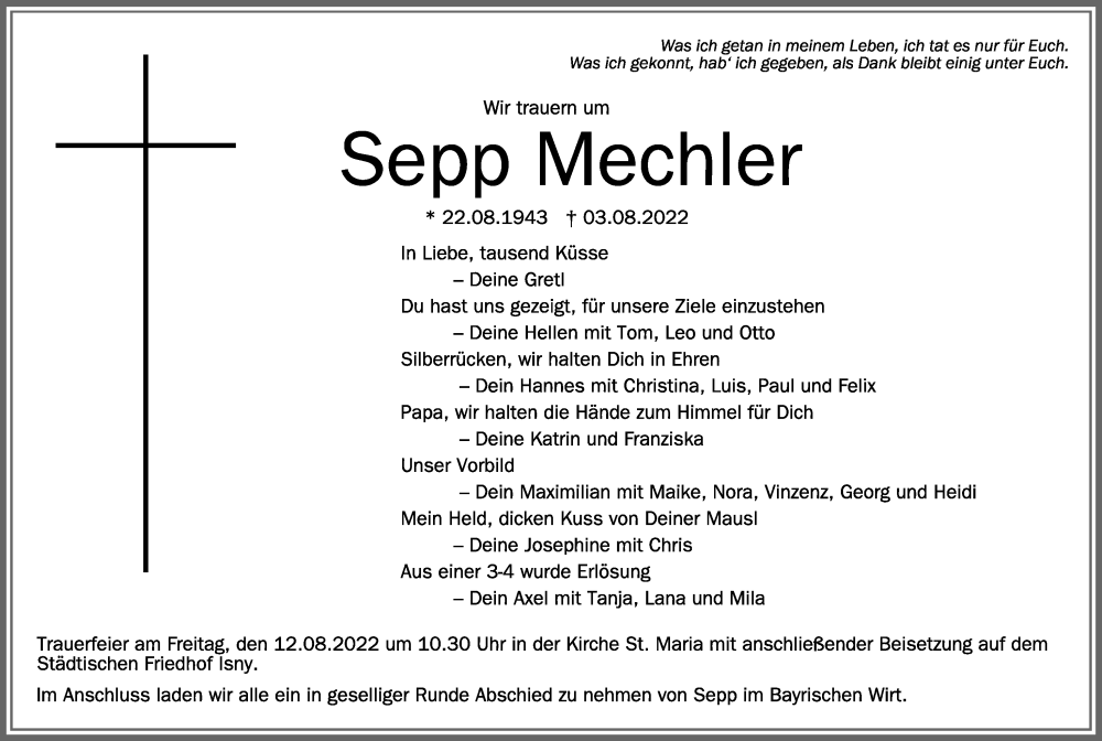  Traueranzeige für Sepp Mechler vom 06.08.2022 aus Der Westallgäuer