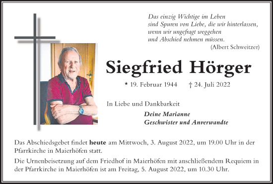 Traueranzeige von Siegfried Hörger von Der Westallgäuer