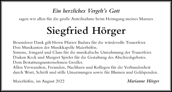 Traueranzeige von Siegfried Hörger von Der Westallgäuer