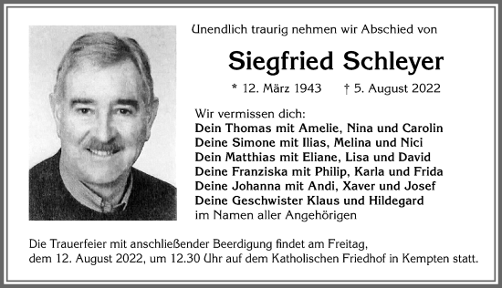 Traueranzeige von Siegfried Schleyer von Allgäuer Anzeigeblatt