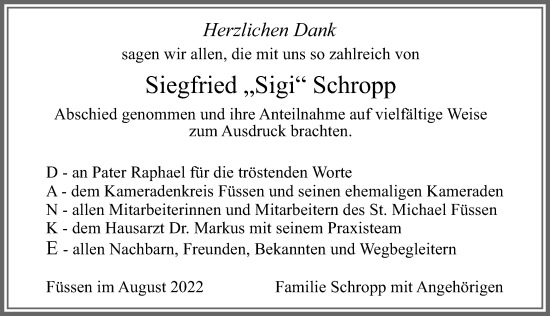 Traueranzeige von Siegfried Schropp von Allgäuer Zeitung, Füssen