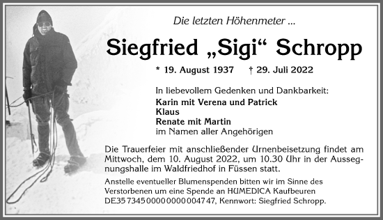 Traueranzeige von Siegfried Schropp von Allgäuer Zeitung, Füssen