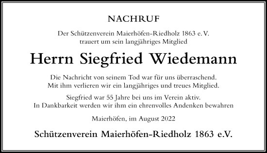 Traueranzeige von Siegfried Wiedemann von Der Westallgäuer