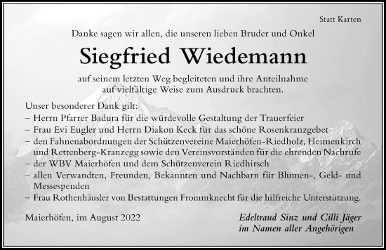 Traueranzeige von Siegfried Wiedemann von Der Westallgäuer