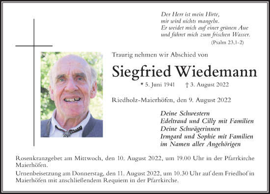 Traueranzeige von Siegfried Wiedemann von Der Westallgäuer