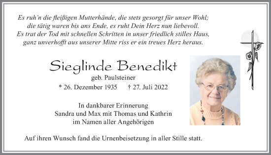Traueranzeige von Sieglinde Benedikt von Allgäuer Zeitung, Füssen