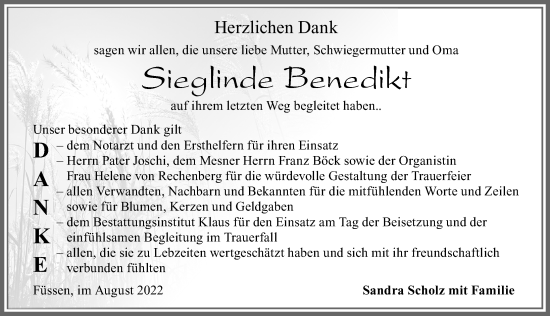 Traueranzeige von Sieglinde Benedikt von Allgäuer Zeitung, Füssen