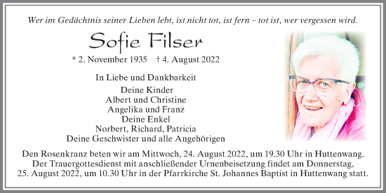 Traueranzeige von Sofie Filser von Allgäuer Zeitung, Marktoberdorf