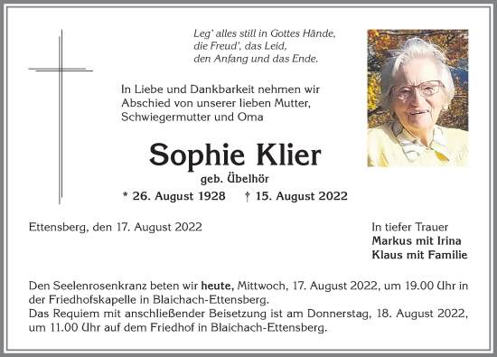 Traueranzeige von Sophie Klier von Allgäuer Anzeigeblatt