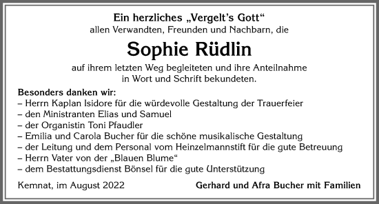 Traueranzeige von Sophie Rüdlin von Allgäuer Zeitung, Kaufbeuren/Buchloe