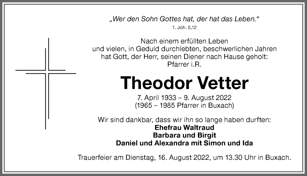  Traueranzeige für Theodor Vetter vom 12.08.2022 aus Memminger Zeitung