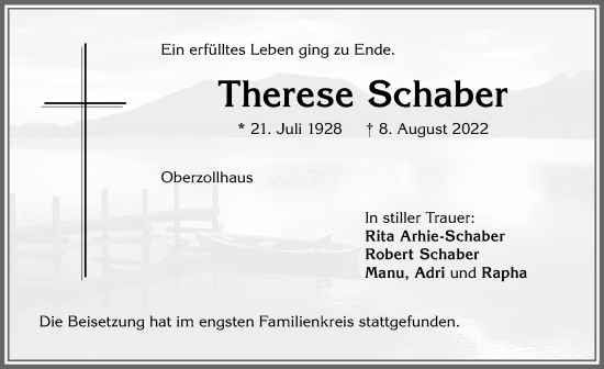 Traueranzeige von Therese Schaber von Allgäuer Zeitung,Kempten