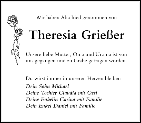Traueranzeige von Theresia Grießer von Der Westallgäuer