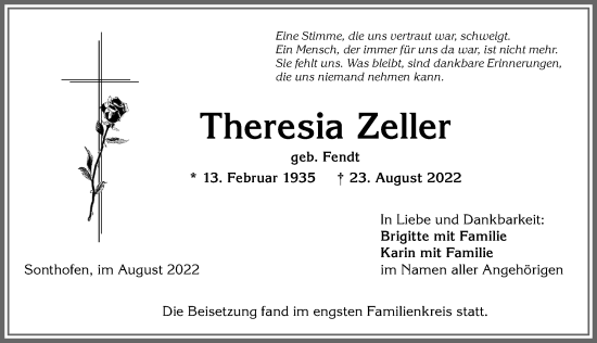 Traueranzeige von Theresia Zeller von Allgäuer Anzeigeblatt