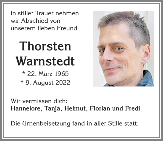 Traueranzeige von Thorsten Warnstedt von Allgäuer Zeitung, Kaufbeuren/Buchloe