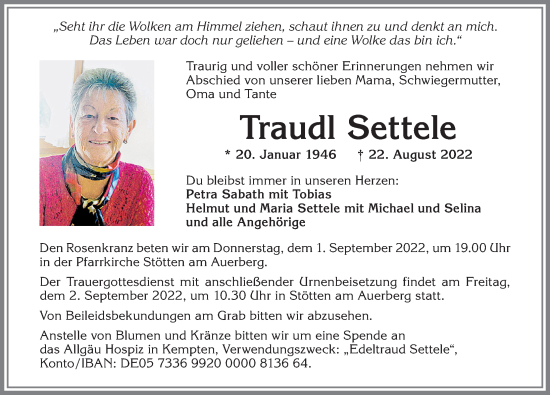 Traueranzeige von Traudl Settele von Allgäuer Zeitung, Marktoberdorf