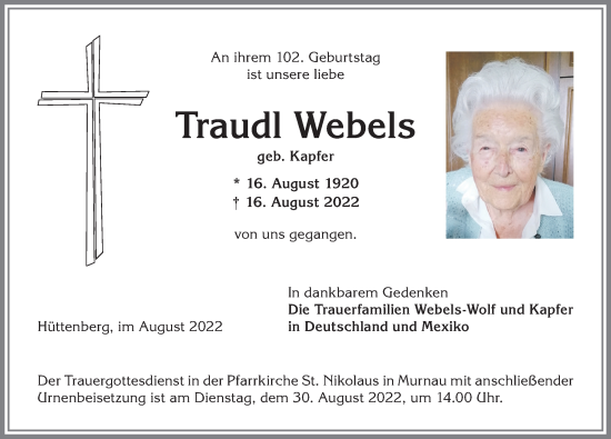 Traueranzeige von Traudl Webels von Allgäuer Anzeigeblatt